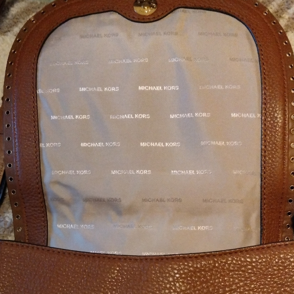 Michael Kors Brown Leather Studded Saddle Crossbody with Tassel - Picture 3 of 4